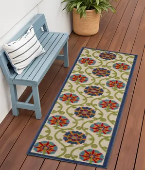 6' Ivory And Blue Indoor Outdoor Area Rug
