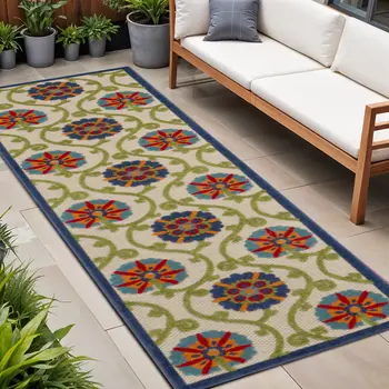 8' Ivory And Blue Indoor Outdoor Area Rug