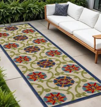 10' Ivory And Blue Indoor Outdoor Area Rug