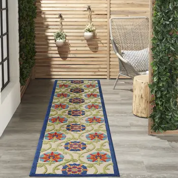 10' Ivory And Blue Indoor Outdoor Area Rug