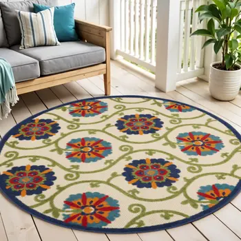 4' Ivory And Blue Round Indoor Outdoor Area Rug