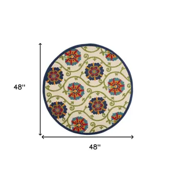 4' Ivory And Blue Round Indoor Outdoor Area Rug