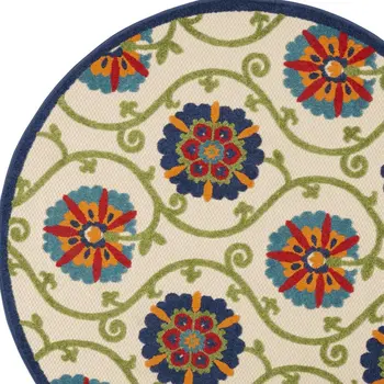 4' Ivory And Blue Round Indoor Outdoor Area Rug