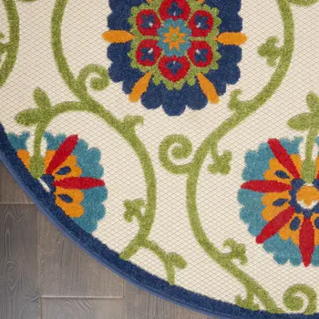 4' Ivory And Blue Round Indoor Outdoor Area Rug