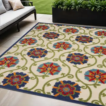 5' X 8' Ivory And Blue Floral Indoor Outdoor Area Rug