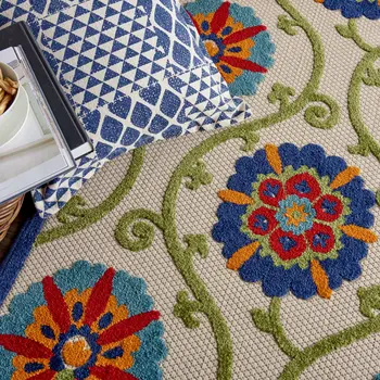 6' X 9' Ivory And Blue Indoor Outdoor Area Rug