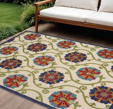 8' X 11' Ivory And Blue Indoor Outdoor Area Rug