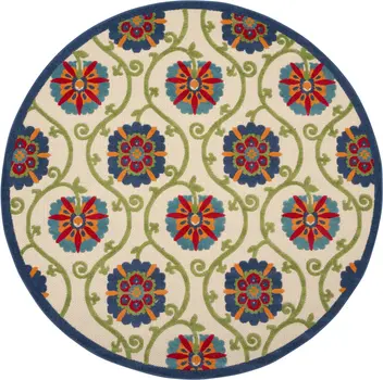 8' Ivory And Blue Round Indoor Outdoor Area Rug