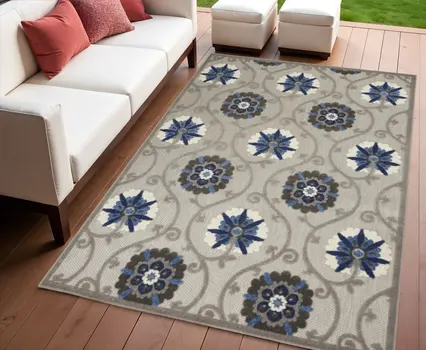 4' X 6' Blue And Gray Indoor Outdoor Area Rug