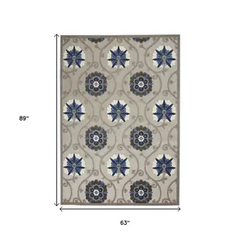 5' X 8' Blue And Gray Floral Indoor Outdoor Area Rug