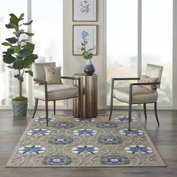 5' X 8' Blue And Gray Floral Indoor Outdoor Area Rug