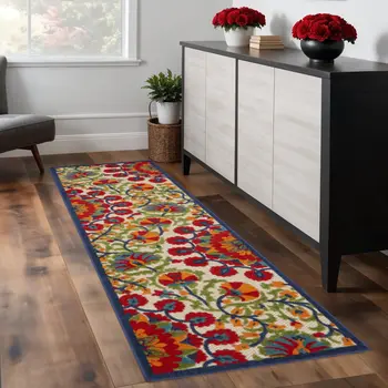 8' Red And Ivory Floral Indoor Outdoor Area Rug