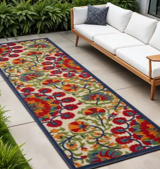 12' Red And Ivory Floral Indoor Outdoor Runner Rug
