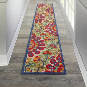 12' Red And Ivory Floral Indoor Outdoor Runner Rug