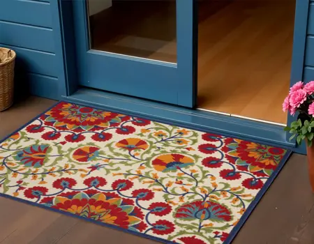 3' X 4' Red And Ivory Floral Indoor Outdoor Area Rug
