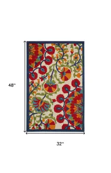 3' X 4' Red And Ivory Floral Indoor Outdoor Area Rug