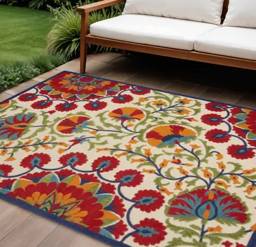 7' X 10' Red And Ivory Floral Indoor Outdoor Area Rug