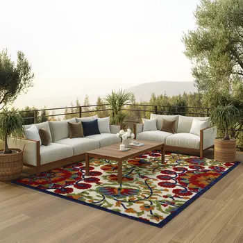 7' X 10' Red And Ivory Floral Indoor Outdoor Area Rug
