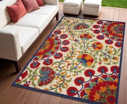 4' X 6' Red And Ivory Floral Indoor Outdoor Area Rug