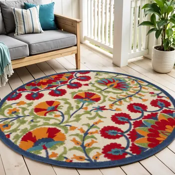 4' Red And Ivory Round Floral Indoor Outdoor Area Rug