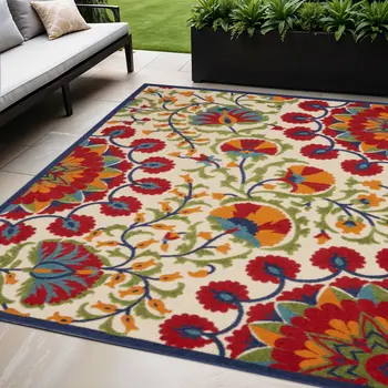 5' X 8' Red And Ivory Floral Indoor Outdoor Area Rug