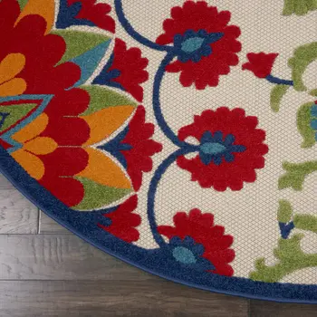 8' Red And Ivory Round Floral Indoor Outdoor Area Rug