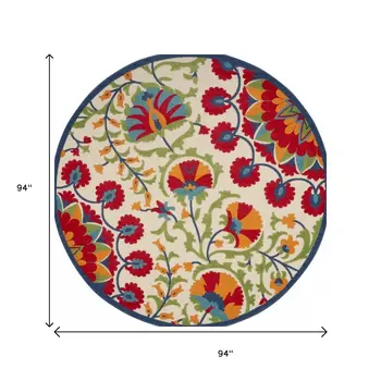 8' Red And Ivory Round Floral Indoor Outdoor Area Rug