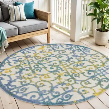 5' Ivory And Blue Round Indoor Outdoor Area Rug