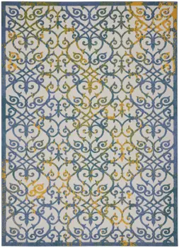7' X 10' Ivory And Blue Indoor Outdoor Area Rug