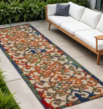 10' Ivory And Blue Indoor Outdoor Area Rug