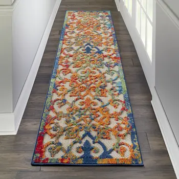 12' Ivory And Blue Indoor Outdoor Runner Rug