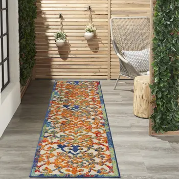 12' Ivory And Blue Indoor Outdoor Runner Rug