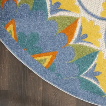 4' Ivory And Blue Round Floral Indoor Outdoor Area Rug