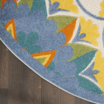 5' X 5' Ivory And Blue Round Floral Indoor Outdoor Area Rug