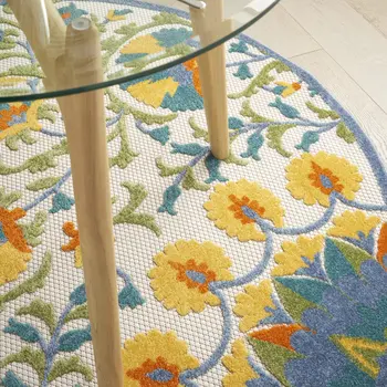 5' X 5' Ivory And Blue Round Floral Indoor Outdoor Area Rug
