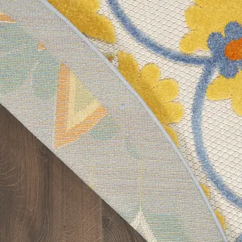 5' X 5' Ivory And Blue Round Floral Indoor Outdoor Area Rug