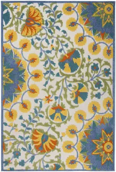 6' X 9' Ivory And Blue Floral Indoor Outdoor Area Rug