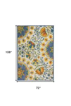 6' X 9' Ivory And Blue Floral Indoor Outdoor Area Rug