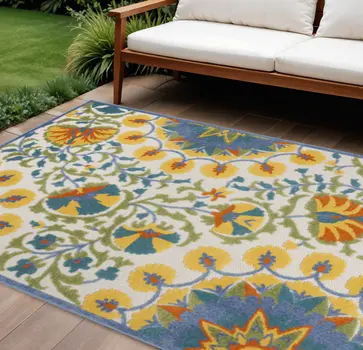 7' X 10' Ivory And Blue Floral Indoor Outdoor Area Rug
