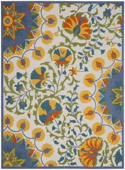 8' X 11' Ivory And Blue Floral Indoor Outdoor Area Rug