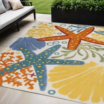 5' X 8' Yellow And Ivory Indoor Outdoor Area Rug