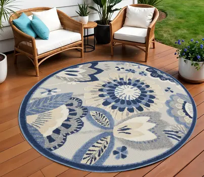 8' Blue And Gray Round Indoor Outdoor Area Rug