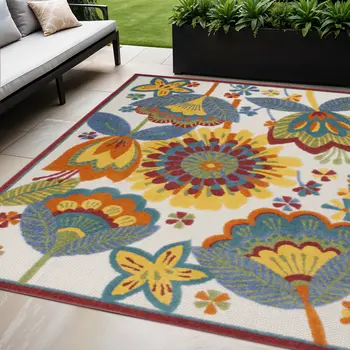5' X 8' Yellow And Ivory Indoor Outdoor Area Rug