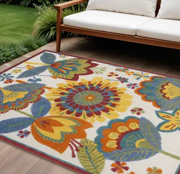 7' X 10' Yellow And Ivory Indoor Outdoor Area Rug