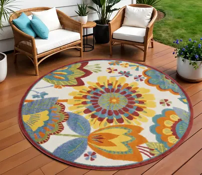 8' Yellow And Ivory Round Indoor Outdoor Area Rug