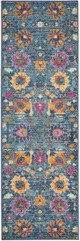 6' Blue And Orange Floral Distressed Runner Rug