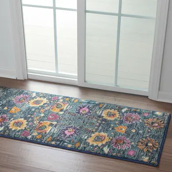 6' Blue And Orange Floral Distressed Runner Rug