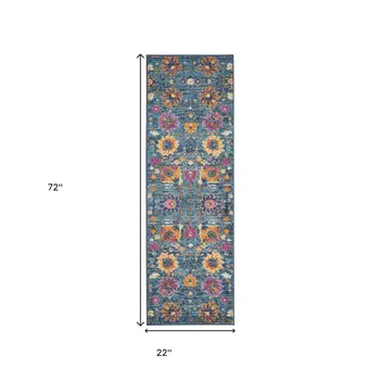 6' Blue And Orange Floral Distressed Runner Rug