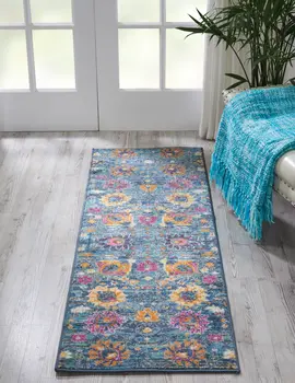 6' Blue And Orange Floral Distressed Runner Rug