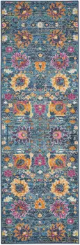 6' Blue And Orange Floral Distressed Runner Rug